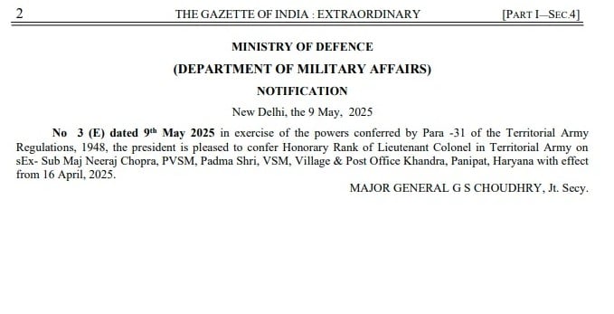 Neeraj Chopra Became Lieutenant Colonel In Territorial Army